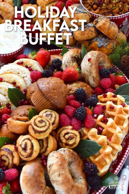Gather together a bunch of breakfast items and assemble this super easy Holiday Breakfast Buffet! Your guests and family will love filling up on these morning favourites. Set the plates right in the middle of your table or kitchen counter and let everyone help themselves! #breakfast #charcuterie #holiday #christmas