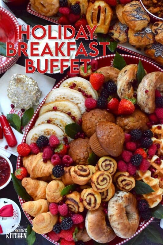 Gather together a bunch of breakfast items and assemble this super easy Holiday Breakfast Buffet! Your guests and family will love filling up on these morning favourites. Set the plates right in the middle of your table or kitchen counter and let everyone help themselves! #breakfast #charcuterie #holiday #christmas