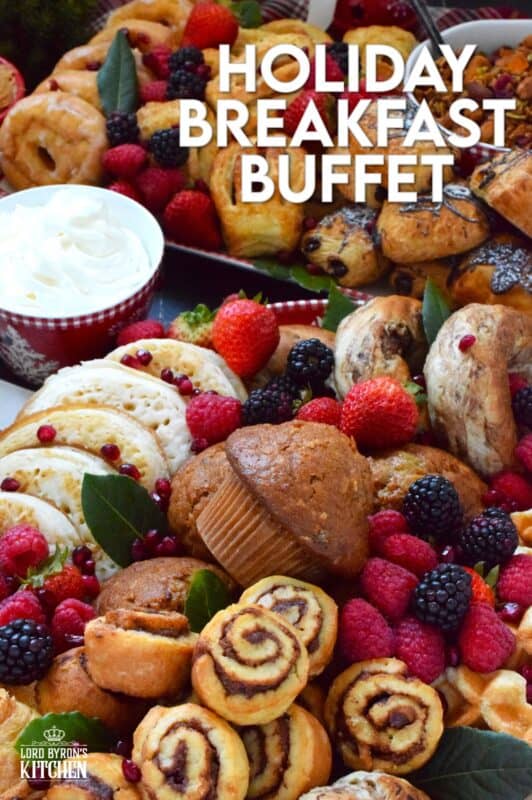 Gather together a bunch of breakfast items and assemble this super easy Holiday Breakfast Buffet! Your guests and family will love filling up on these morning favourites. Set the plates right in the middle of your table or kitchen counter and let everyone help themselves! #breakfast #charcuterie #holiday #christmas