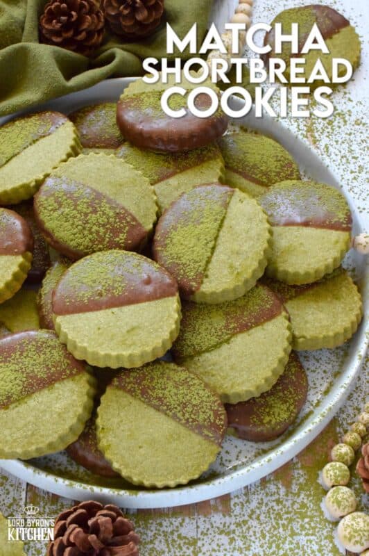 A classic, old-fashioned sweet shortbread recipe is infused with the slightly bitter flavour of matcha. Dipped in melted chocolate, these Matcha Shortbread Cookies boast a delicious pairing all in a beautifully simple festive cookie. These could be a great new addition to your annual cookie exchange! #matcha #whitechocolate #dipped #cookie