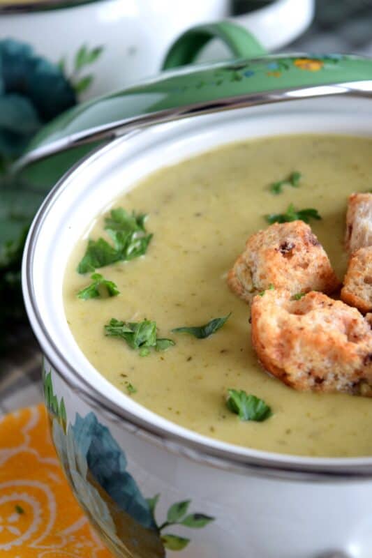 The creamiest, cheesiest, most satisfying Cream of Broccoli Cheese Soup that you will ever find is right here! This recipe uses broccoli stalks too, so there is no waste! Even if you're not a big fan of broccoli, you should give this soup a try; it has been known to change the minds of many who thought they didn't like broccoli! #broccoli #creamy #cheesy #soup