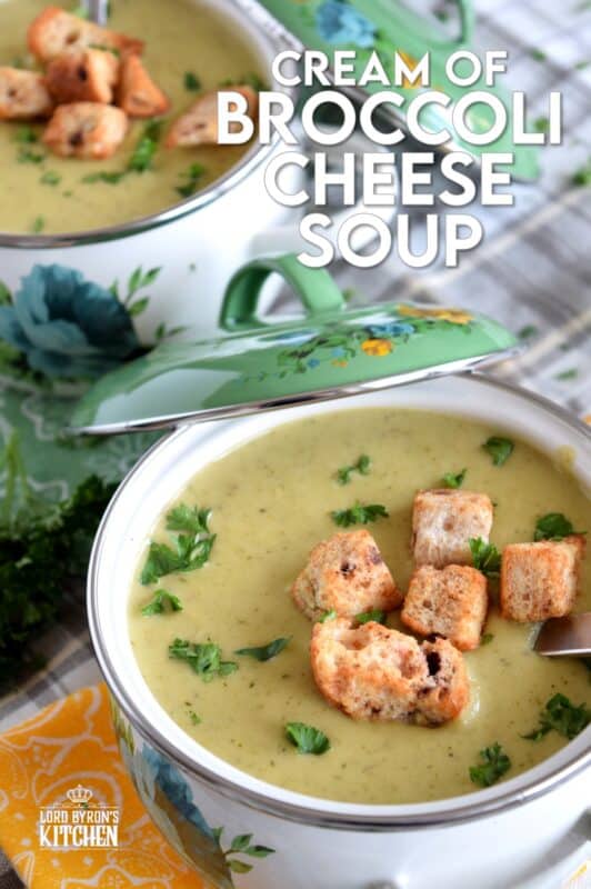 The creamiest, cheesiest, most satisfying Cream of Broccoli Cheese Soup that you will ever find is right here! This recipe uses broccoli stalks too, so there is no waste! Even if you're not a big fan of broccoli, you should give this soup a try; it has been known to change the minds of many who thought they didn't like broccoli! #broccoli #creamy #cheesy #soup