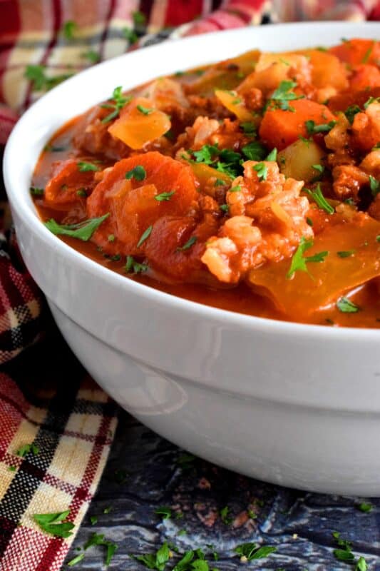 Everyone loves cabbage rolls, but nobody likes the work it takes to make them properly. If you love traditional cabbage rolls, this soup is for you! Cabbage Roll Soup is all the flavour without the fuss! And, it's much easier and faster too! #cabbageroll #cabbage #soup #tvp #meatless