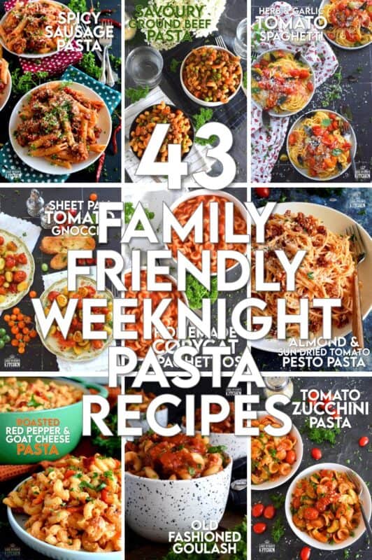 Pasta dinners must be one of the most comforting and easiest meals of all time! And since pasta of some sort or shape can be found in almost every culture, this list of 43 Family Friendly Weeknight Pasta Dinners is sure to have something for every one! Weeknight dinners just got a whole lot tastier! #roundup #list #collection #pasta #family #weeknight #whatsfordinner