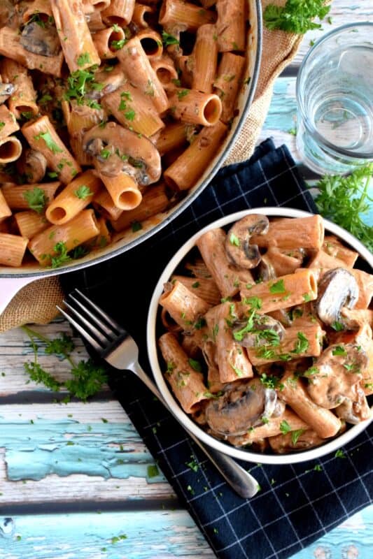Let's relive the 1980s with this updated version of a popular Russian classic dish; this nostalgic, home-style, comforting Mushroom Stroganoff! Traditionally prepared with beef, the hearty mushrooms are a fresh vegetarian take that will have you begging for seconds! #stroganoff #vegetarian #noodles #mushrooms