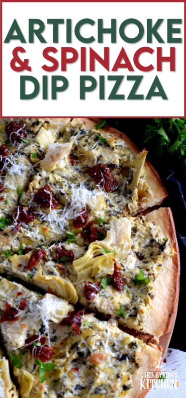 Artichoke and Spinach Dip is an extremely popular appetizer served at many family-style restaurants. But, why not make that delicious dip into a meal with an easy-to-make Artichoke and Spinach Dip Pizza!? Top with sun dried tomatoes and fresh parmesan for even more flavour! #artichokes #spinach #pizza #dip #sundried #tomatoes