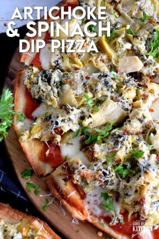 Artichoke and Spinach Dip is an extremely popular appetizer served at many family-style restaurants. But, why not make that delicious dip into a meal with an easy-to-make Artichoke and Spinach Dip Pizza!? Top with sun dried tomatoes and fresh parmesan for even more flavour! #artichokes #spinach #pizza #dip #sundried #tomatoes