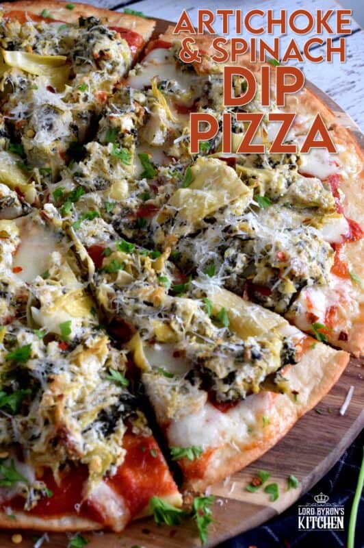 Artichoke and Spinach Dip is an extremely popular appetizer served at many family-style restaurants. But, why not make that delicious dip into a meal with an easy-to-make Artichoke and Spinach Dip Pizza!? Top with sun dried tomatoes and fresh parmesan for even more flavour! #artichokes #spinach #pizza #dip #sundried #tomatoes