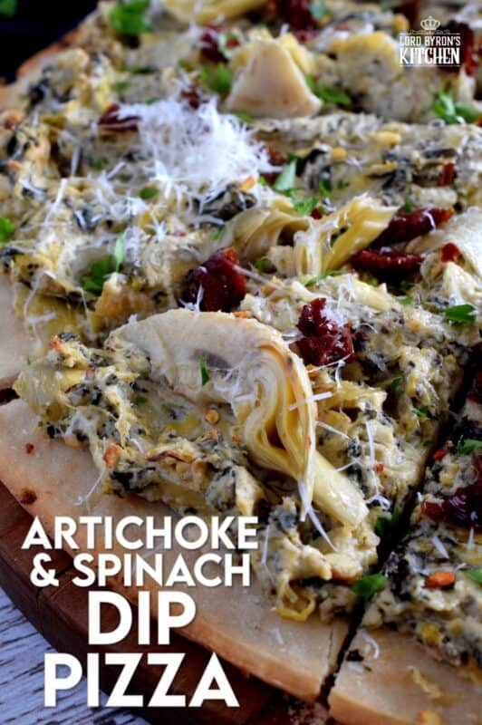 Artichoke and Spinach Dip is an extremely popular appetizer served at many family-style restaurants. But, why not make that delicious dip into a meal with an easy-to-make Artichoke and Spinach Dip Pizza!? Top with sun dried tomatoes and fresh parmesan for even more flavour! #artichokes #spinach #pizza #dip #sundried #tomatoes