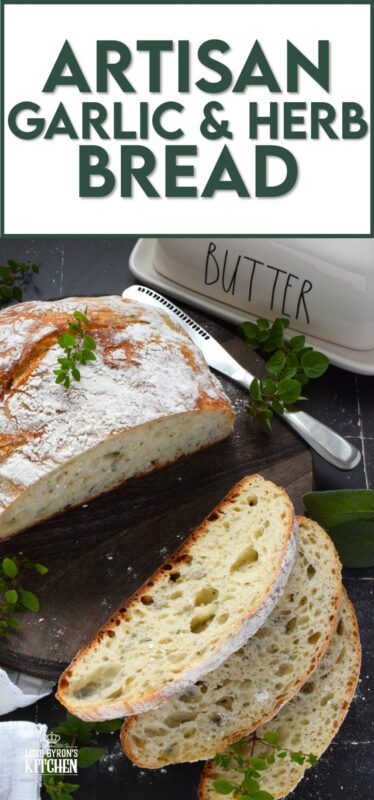 Freshly baked homemade bread is the ultimate comfort food.  There really is nothing like it!  Artisan Garlic and Herb Bread is one of the most delicious and easiest breads you’ll ever make! Loaded with fresh chopped garlic and herbs, this bread is quite aromatic and very savoury! #bread #noknead #dutchoven #homemade #garlic #herbs