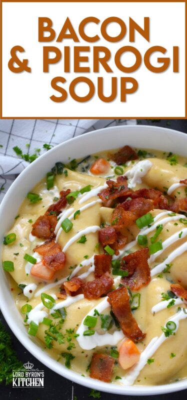 Bacon and Pierogi Soup starts with crispy, fried bacon being tossed with fragrant rosemary. Next, aromatic vegetables like carrots, onions, and celery are added to the pot with garlic and thyme. Frozen pierogies are added and cooked in a thick soup with shredded cheese. Ladle up a big bowl and top it with that rosemary-infused bacon, sour cream, and more cheese. #soup #pierogi #bacon