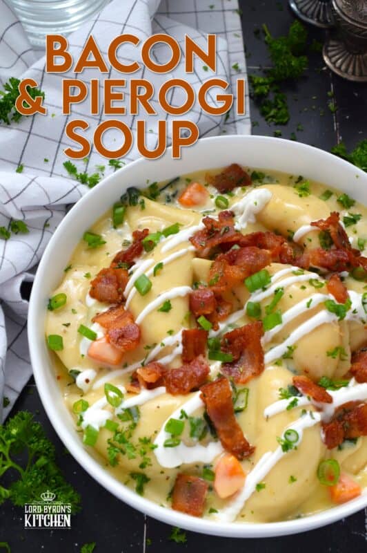 Bacon and Pierogi Soup starts with crispy, fried bacon being tossed with fragrant rosemary. Next, aromatic vegetables like carrots, onions, and celery are added to the pot with garlic and thyme. Frozen pierogies are added and cooked in a thick soup with shredded cheese. Ladle up a big bowl and top it with that rosemary-infused bacon, sour cream, and more cheese. #soup #pierogi #bacon