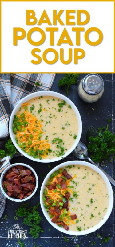Creamy and smooth, this Baked Potato Soup is prepared with onion and garlic in a simple roux which is what makes the soup thick and lucious. Add cheese and crumbled cooked bacon for even more texture and flavour! Serve with warm, crusty bread for a complete, hearty meal! #bakedpotato #creamy #soup #cheesy #potatoes