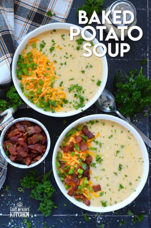 Creamy and smooth, this Baked Potato Soup is prepared with onion and garlic in a simple roux which is what makes the soup thick and lucious. Add cheese and crumbled cooked bacon for even more texture and flavour! Serve with warm, crusty bread for a complete, hearty meal! #bakedpotato #creamy #soup #cheesy #potatoes