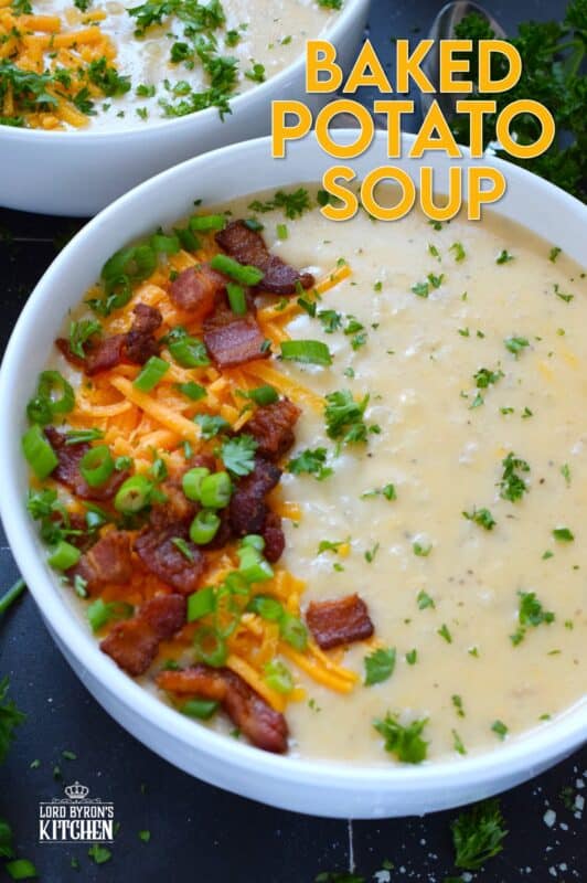 Creamy and smooth, this Baked Potato Soup is prepared with onion and garlic in a simple roux which is what makes the soup thick and lucious. Add cheese and crumbled cooked bacon for even more texture and flavour! Serve with warm, crusty bread for a complete, hearty meal! #bakedpotato #creamy #soup #cheesy #potatoes