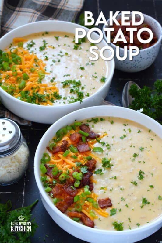 Creamy and smooth, this Baked Potato Soup is prepared with onion and garlic in a simple roux which is what makes the soup thick and lucious. Add cheese and crumbled cooked bacon for even more texture and flavour! Serve with warm, crusty bread for a complete, hearty meal! #bakedpotato #creamy #soup #cheesy #potatoes