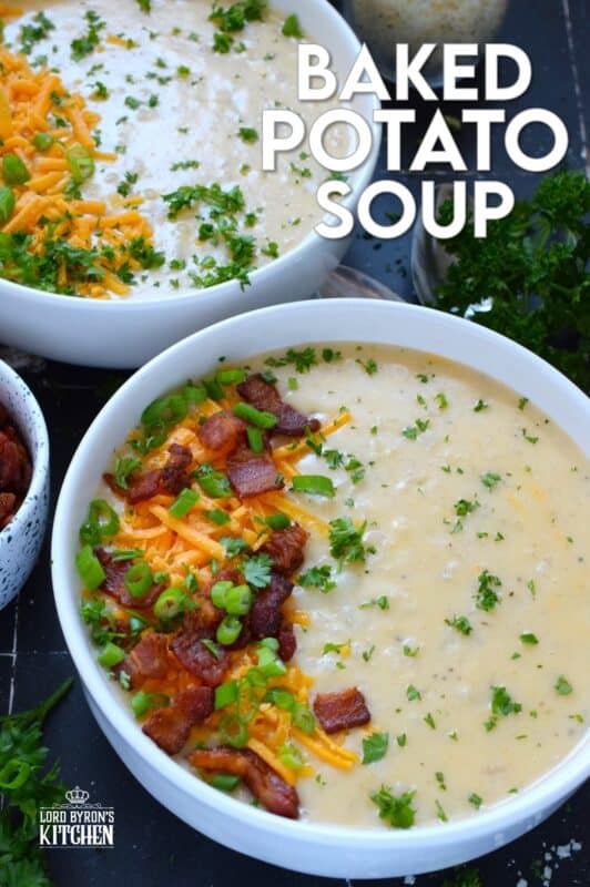 Creamy and smooth, this Baked Potato Soup is prepared with onion and garlic in a simple roux which is what makes the soup thick and lucious. Add cheese and crumbled cooked bacon for even more texture and flavour! Serve with warm, crusty bread for a complete, hearty meal! #bakedpotato #creamy #soup #cheesy #potatoes