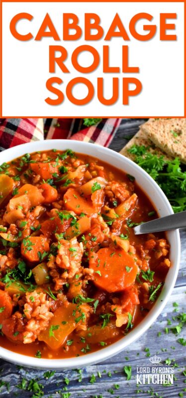 Everyone loves cabbage rolls, but nobody likes the work it takes to make them properly. If you love traditional cabbage rolls, this soup is for you! Cabbage Roll Soup is all the flavour without the fuss! And, it's much easier and faster too! #cabbageroll #cabbage #soup #tvp #meatless