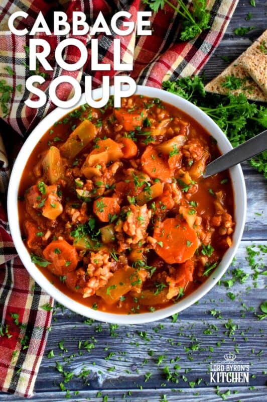 Everyone loves cabbage rolls, but nobody likes the work it takes to make them properly. If you love traditional cabbage rolls, this soup is for you! Cabbage Roll Soup is all the flavour without the fuss! And, it's much easier and faster too! #cabbageroll #cabbage #soup #tvp #meatless
