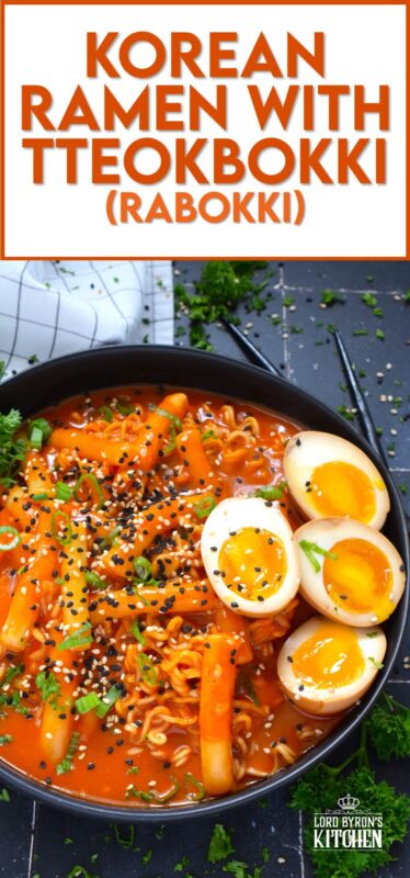 Most commonly referred to as robokki in Korea, this dish combines the chewy texture of tteokbokki, or rice cakes, with the delicious spiciness of your favourite Korean noodles. Served with marinated soft boiled eggs, and topped with fresh green onions and toasted sesame seeds, this is the ultimate ramen noodle feast! #tteokbokki #korean #ricecakes #robokki
