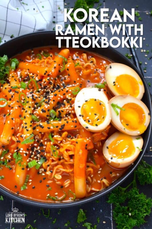 Most commonly referred to as robokki in Korea, this dish combines the chewy texture of tteokbokki, or rice cakes, with the delicious spiciness of your favourite Korean noodles. Served with marinated soft boiled eggs, and topped with fresh green onions and toasted sesame seeds, this is the ultimate ramen noodle feast! #tteokbokki #korean #ricecakes #robokki