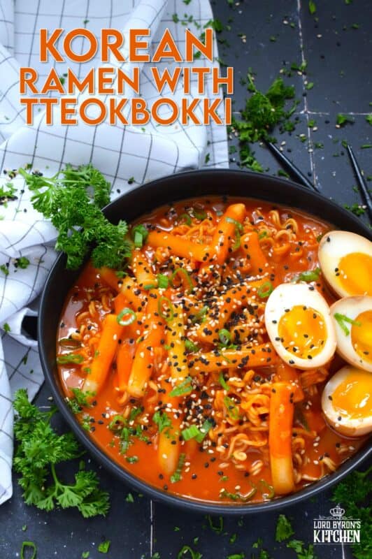 Most commonly referred to as robokki in Korea, this dish combines the chewy texture of tteokbokki, or rice cakes, with the delicious spiciness of your favourite Korean noodles. Served with marinated soft boiled eggs, and topped with fresh green onions and toasted sesame seeds, this is the ultimate ramen noodle feast! #tteokbokki #korean #ricecakes #robokki