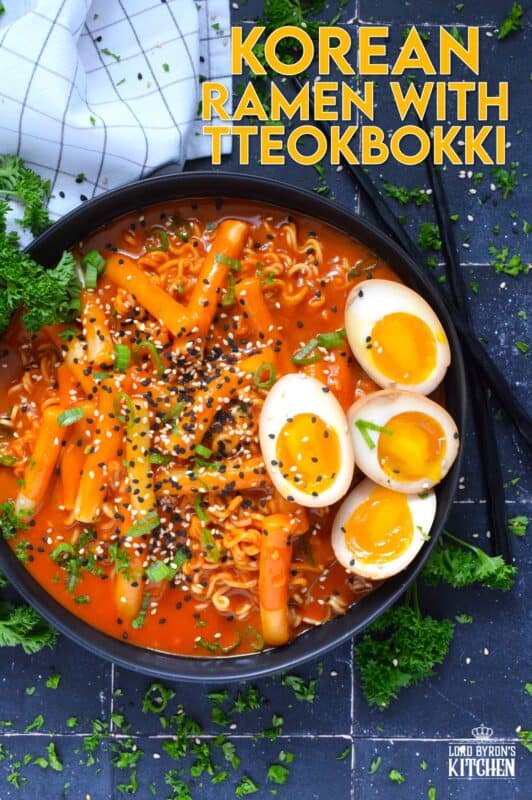 Most commonly referred to as robokki in Korea, this dish combines the chewy texture of tteokbokki, or rice cakes, with the delicious spiciness of your favourite Korean noodles. Served with marinated soft boiled eggs, and topped with fresh green onions and toasted sesame seeds, this is the ultimate ramen noodle feast! #tteokbokki #korean #ricecakes #robokki