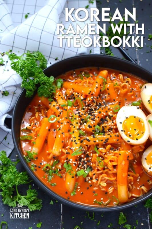 Most commonly referred to as robokki in Korea, this dish combines the chewy texture of tteokbokki, or rice cakes, with the delicious spiciness of your favourite Korean noodles. Served with marinated soft boiled eggs, and topped with fresh green onions and toasted sesame seeds, this is the ultimate ramen noodle feast! #tteokbokki #korean #ricecakes #robokki