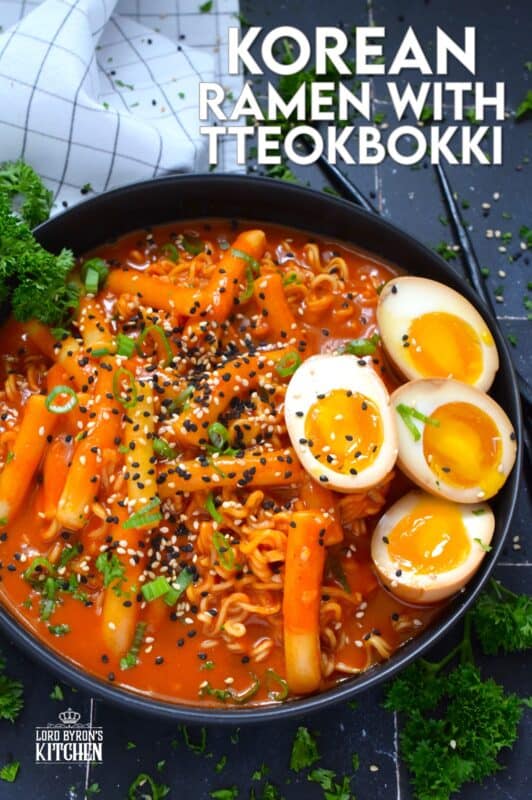 Most commonly referred to as robokki in Korea, this dish combines the chewy texture of tteokbokki, or rice cakes, with the delicious spiciness of your favourite Korean noodles. Served with marinated soft boiled eggs, and topped with fresh green onions and toasted sesame seeds, this is the ultimate ramen noodle feast! #tteokbokki #korean #ricecakes #robokki