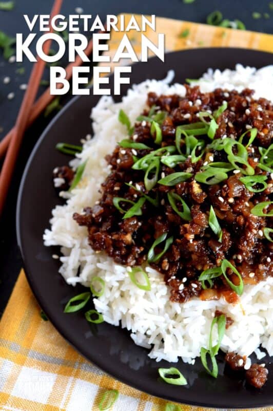 This is a vegetarian version of the popular Korean bulgogi. Vegetarian Korean Beef is a dish you didn't know you needed. It uses textured vegetable protein to achieve the same results as ground beef. 20 minutes from start to finish! Even carnivores can't get enough of this! #korean #vegetarian #beef #bulgogi
