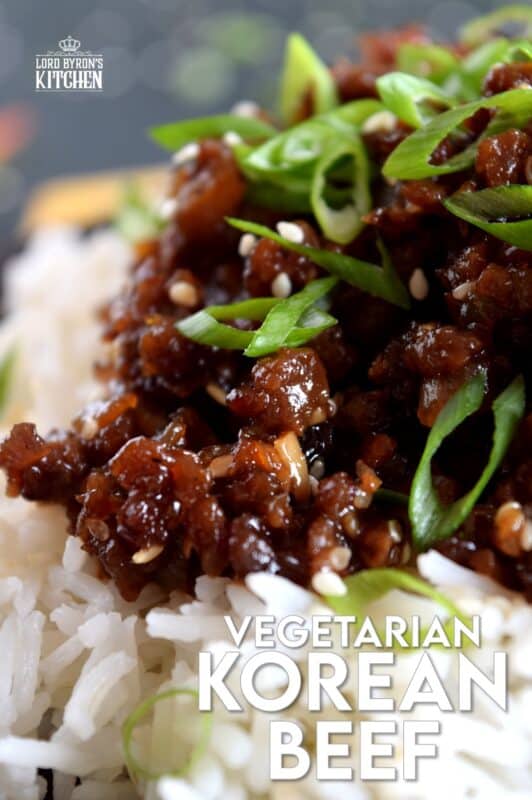 This is a vegetarian version of the popular Korean bulgogi. Vegetarian Korean Beef is a dish you didn't know you needed. It uses textured vegetable protein to achieve the same results as ground beef. 20 minutes from start to finish! Even carnivores can't get enough of this! #korean #vegetarian #beef #bulgogi
