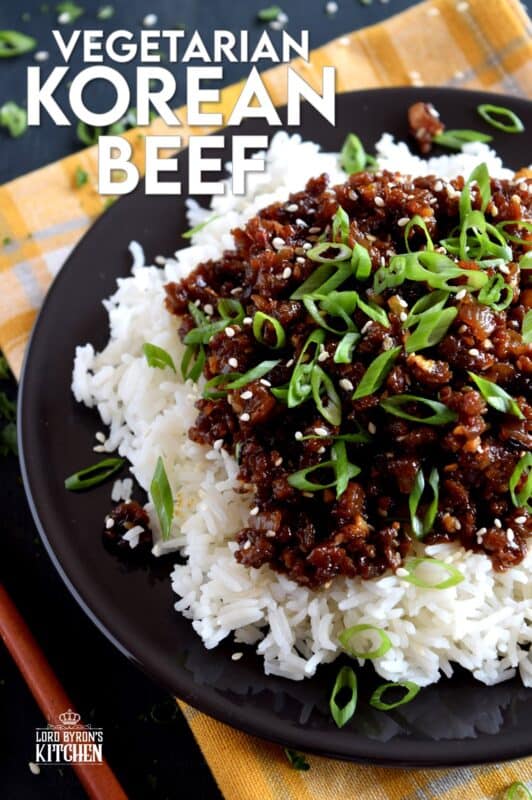 This is a vegetarian version of the popular Korean bulgogi. Vegetarian Korean Beef is a dish you didn't know you needed. It uses textured vegetable protein to achieve the same results as ground beef. 20 minutes from start to finish! Even carnivores can't get enough of this! #korean #vegetarian #beef #bulgogi