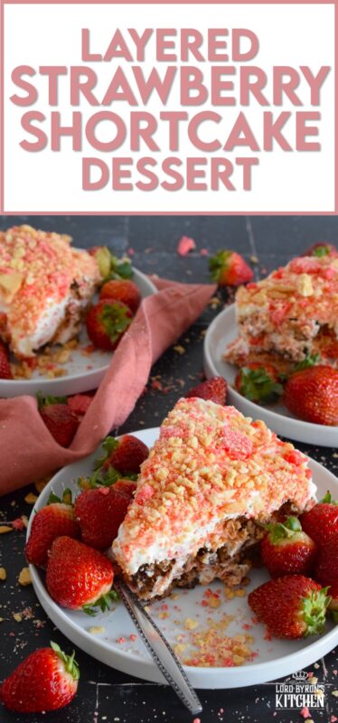 A no-bake dessert that is best prepared in advance and refrigerated overnight, this delicious Layered Strawberry Shortcake Dessert uses homemade strawberry shortcake crumbs, chocolate chip cookies, and a cream cheese-based cream topping. Serve with fresh strawberries! #strawberry #shortcake #dessert #layered #cookies #creamcheese