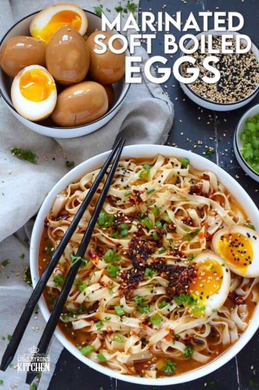 The perfect addition to any piping hot bowl of ramen or spicy noodles, Marinated Soft Boiled Eggs add flavour and texture. The velvety consistency of that golden yellow yolk offers a touch of creaminess and smoothness to soups and noodles. Try chopping a couple of these eggs over steamed rice too! #marinated #asian #softboiled #eggs #soyeggs #korean