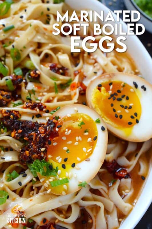 The perfect addition to any piping hot bowl of ramen or spicy noodles, Marinated Soft Boiled Eggs add flavour and texture. The velvety consistency of that golden yellow yolk offers a touch of creaminess and smoothness to soups and noodles. Try chopping a couple of these eggs over steamed rice too! #marinated #asian #softboiled #eggs #soyeggs #korean