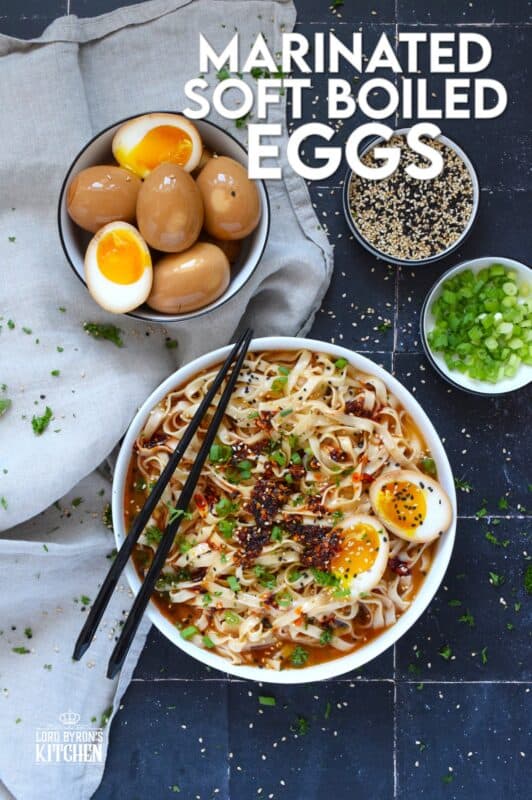 The perfect addition to any piping hot bowl of ramen or spicy noodles, Marinated Soft Boiled Eggs add flavour and texture. The velvety consistency of that golden yellow yolk offers a touch of creaminess and smoothness to soups and noodles. Try chopping a couple of these eggs over steamed rice too! #marinated #asian #softboiled #eggs #soyeggs #korean