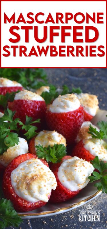 Mascarpone is blended with cream, sugar, and vanilla to make the most delicious dessert topping. In this recipe, the mixture is stuffed into hulled fresh strawberries and topped with a sprinkling of graham cracker crumbs for texture and flavour. This simple and easy dessert is big on taste! #mascarpone #stuffed #strawberries #nobake #dessert