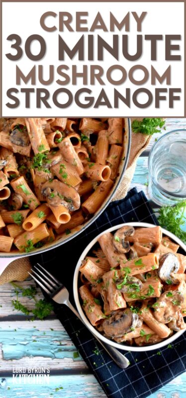 Let's relive the 1980s with this updated version of a popular Russian classic dish; this nostalgic, home-style, comforting Mushroom Stroganoff! Traditionally prepared with beef, the hearty mushrooms are a fresh vegetarian take that will have you begging for seconds! #stroganoff #vegetarian #noodles #mushrooms