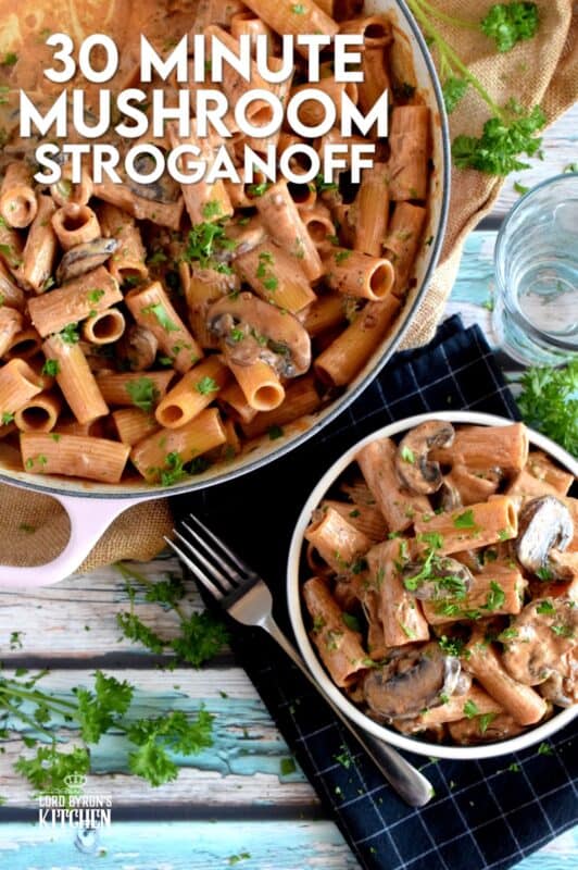 Let's relive the 1980s with this updated version of a popular Russian classic dish; this nostalgic, home-style, comforting Mushroom Stroganoff! Traditionally prepared with beef, the hearty mushrooms are a fresh vegetarian take that will have you begging for seconds! #stroganoff #vegetarian #noodles #mushrooms