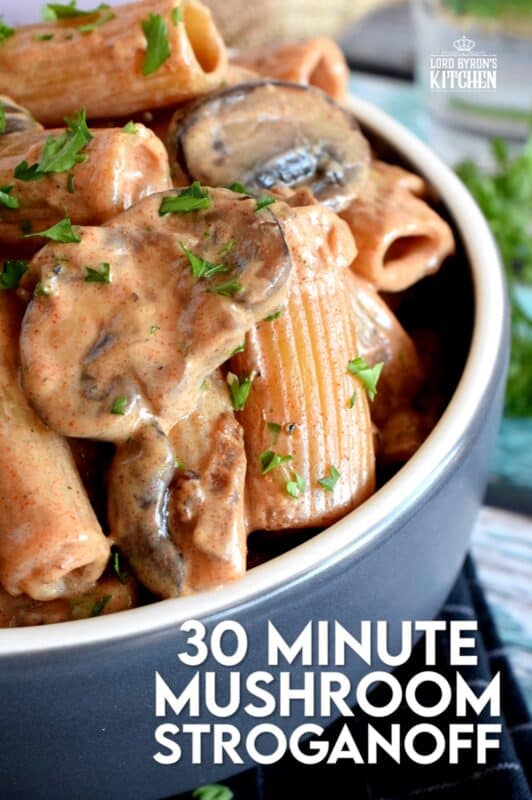 Let's relive the 1980s with this updated version of a popular Russian classic dish; this nostalgic, home-style, comforting Mushroom Stroganoff! Traditionally prepared with beef, the hearty mushrooms are a fresh vegetarian take that will have you begging for seconds! #stroganoff #vegetarian #noodles #mushrooms
