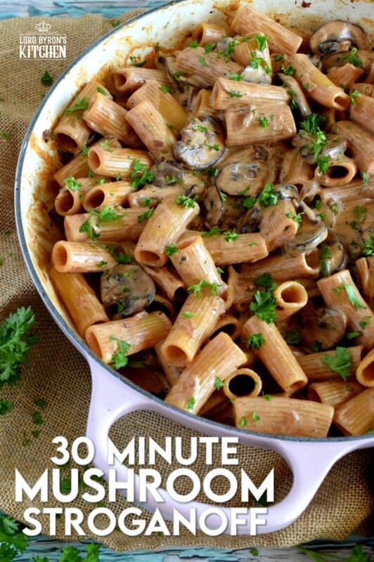Let's relive the 1980s with this updated version of a popular Russian classic dish; this nostalgic, home-style, comforting Mushroom Stroganoff! Traditionally prepared with beef, the hearty mushrooms are a fresh vegetarian take that will have you begging for seconds! #stroganoff #vegetarian #noodles #mushrooms