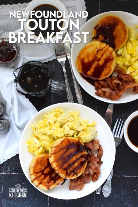 Every Newfoundlander knows well the taste of a properly prepared touton.  The simplicity of these, combined with patience, is what makes them so good!  The only question that remains is what do you top them with?  Serve toutons with eggs and bacon for a complete breakfast! #toutons #newfoundland #breakfast #breaddough #frieddough