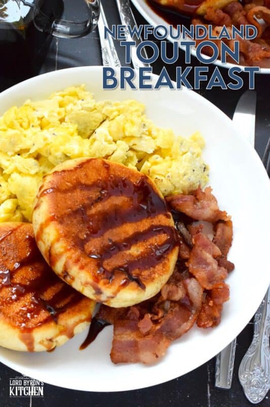 Every Newfoundlander knows well the taste of a properly prepared touton.  The simplicity of these, combined with patience, is what makes them so good!  The only question that remains is what do you top them with?  Serve toutons with eggs and bacon for a complete breakfast! #toutons #newfoundland #breakfast #breaddough #frieddough