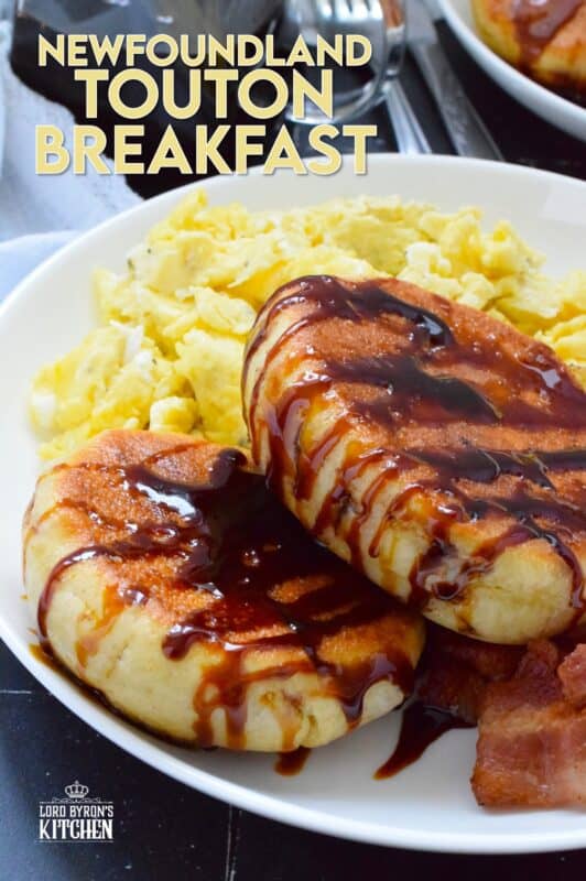 Every Newfoundlander knows well the taste of a properly prepared touton.  The simplicity of these, combined with patience, is what makes them so good!  The only question that remains is what do you top them with?  Serve toutons with eggs and bacon for a complete breakfast! #toutons #newfoundland #breakfast #breaddough #frieddough