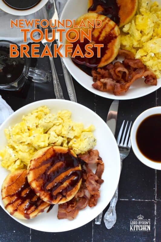 Every Newfoundlander knows well the taste of a properly prepared touton.  The simplicity of these, combined with patience, is what makes them so good!  The only question that remains is what do you top them with?  Serve toutons with eggs and bacon for a complete breakfast! #toutons #newfoundland #breakfast #breaddough #frieddough