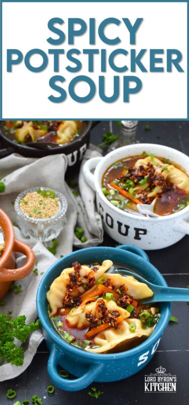Pick up a package of frozen potstickers, wontons, or dumplings from your local grocery store and cook them in a savoury broth to make the most deliciously wonderful Spicy Potsticker Soup. Loaded with green onions, garlic, ginger, and carrots, this soup is good for you too! #spicy #potsticker #wonton #gyoza #stew #soup #chili #chilicrunch
