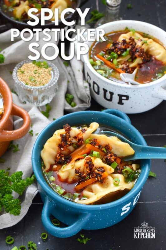 Pick up a package of frozen potstickers, wontons, or dumplings from your local grocery store and cook them in a savoury broth to make the most deliciously wonderful Spicy Potsticker Soup. Loaded with green onions, garlic, ginger, and carrots, this soup is good for you too! #spicy #potsticker #wonton #gyoza #stew #soup #chili #chilicrunch