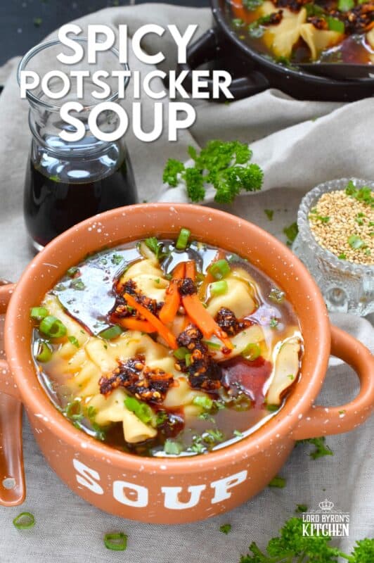 Pick up a package of frozen potstickers, wontons, or dumplings from your local grocery store and cook them in a savoury broth to make the most deliciously wonderful Spicy Potsticker Soup. Loaded with green onions, garlic, ginger, and carrots, this soup is good for you too! #spicy #potsticker #wonton #gyoza #stew #soup #chili #chilicrunch