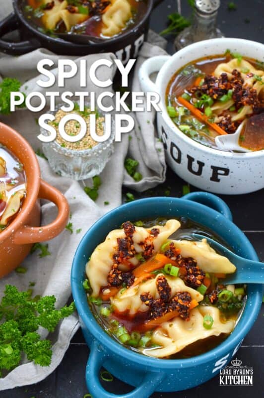 Pick up a package of frozen potstickers, wontons, or dumplings from your local grocery store and cook them in a savoury broth to make the most deliciously wonderful Spicy Potsticker Soup. Loaded with green onions, garlic, ginger, and carrots, this soup is good for you too! #spicy #potsticker #wonton #gyoza #stew #soup #chili #chilicrunch