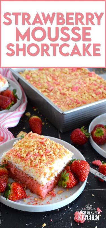This light and fluffy cake is super flavourful! Prepared with a boxed strawberry mousse mix and a cream cheese frosting, Strawberry Mousse Shortcake is topped with homemade strawberry shortcake crumbs which help to make it the most deliciously nostalgic flavour combination! #strawberry #shortcake #mousse #crumbs #cake